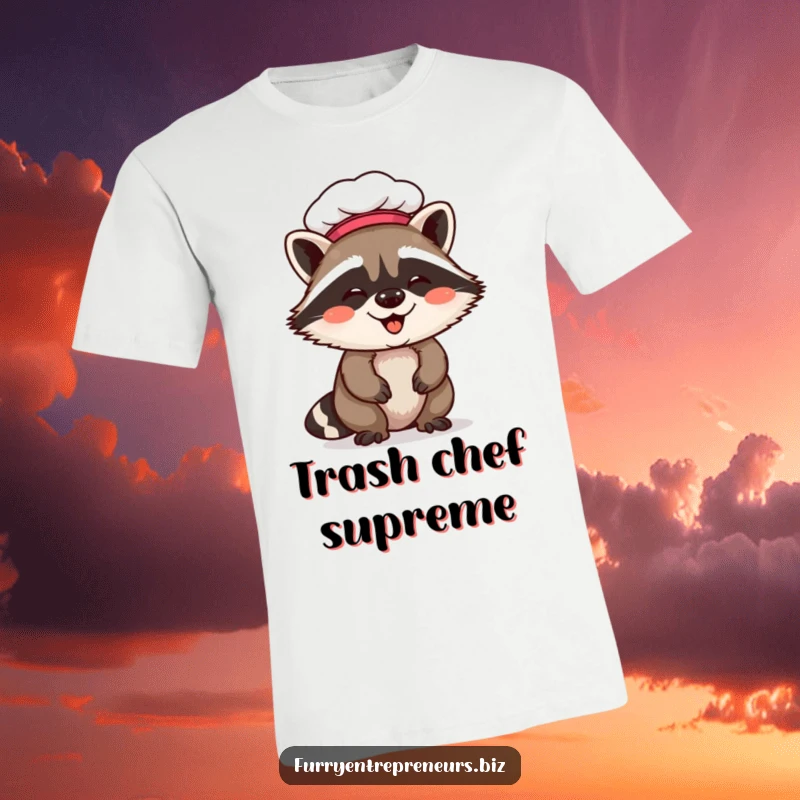 Funny raccoon chef t-shirt featuring a giggling raccoon in a chef hat, a whimsical and humorous design for culinary enthusiasts.