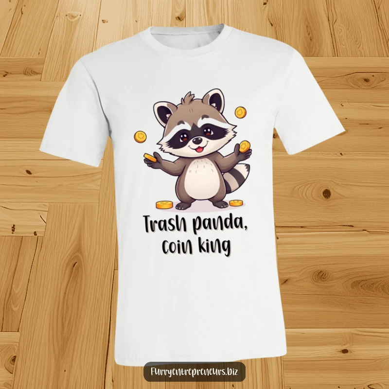 Funny t-shirt showcasing a playful raccoon character juggling coins, embodying fun, mischief, and a love for shiny objects.