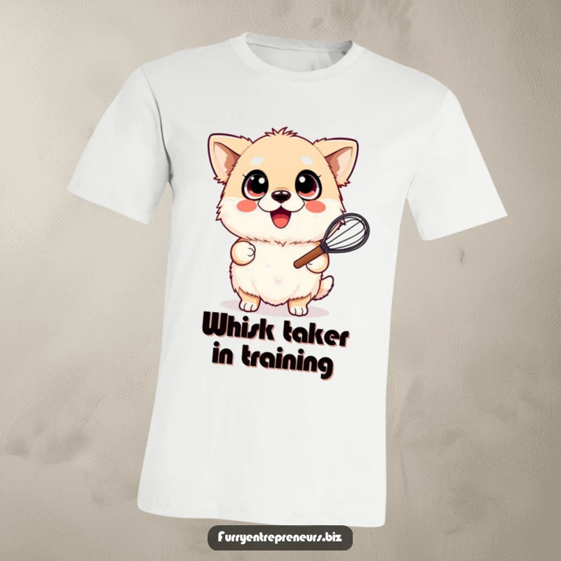 Funny t-shirt graphic: a fluffy dog with wide, joyful eyes, happily gripping a whisk, ready to mix up some fun.