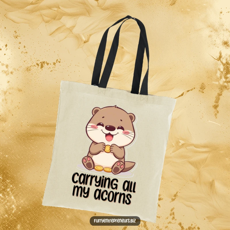 Funny otter with a happy face counting coins, a practical tote bag for humorous shopping trips and funny gift ideas.