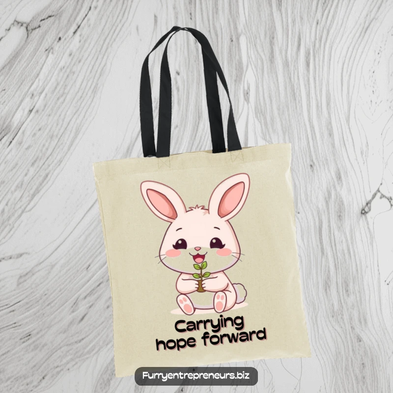 Funny rabbit tote bag with a smiling bunny holding a tiny plant seedling, ready for garden adventures.