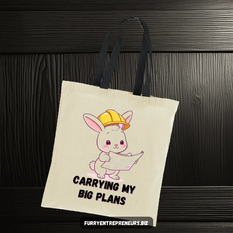 Funny bunny builder tote bag, hard hat on, inspecting a blueprint, perfect for carrying supplies with humor.