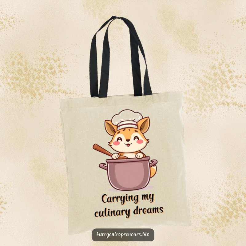 Funny chef animal tote bag featuring a happy character in a chef hat, stirring a giant culinary pot.