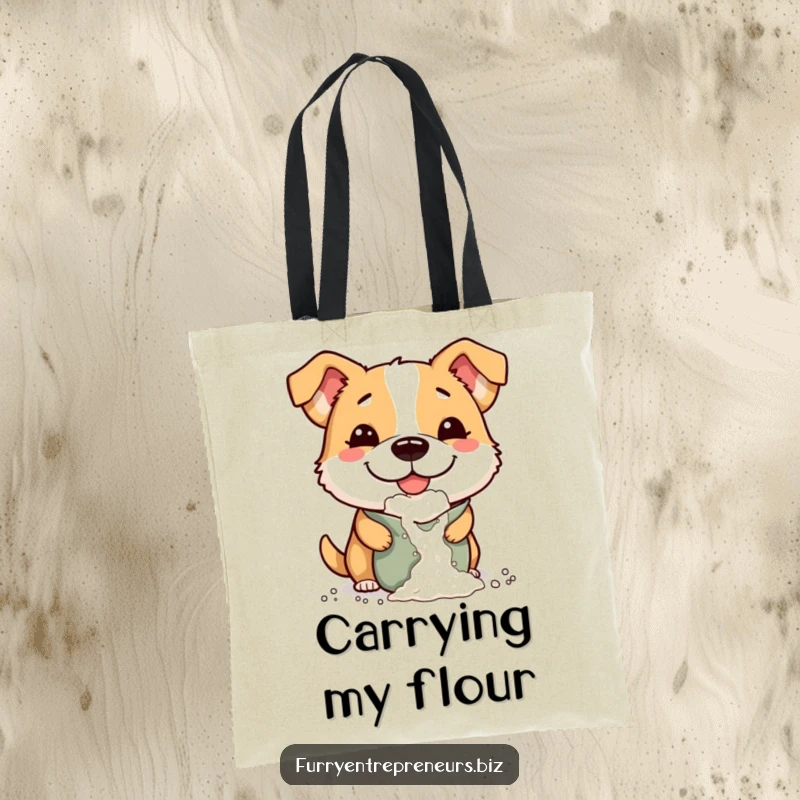 Funny tote bag depicting a mischievous dog with a comically big smile, dropping flour from a bag, ready for fun.