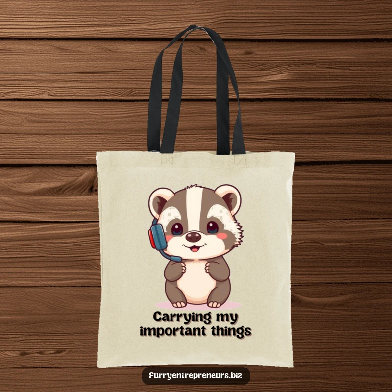 Funny tote bag featuring a focused badger wearing a headset, presenting with comical determination, a humorous accessory for work essentials.