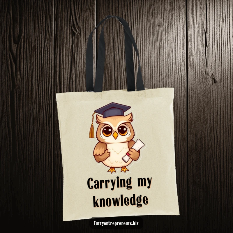 Funny owl in graduation attire holding a diploma, on a durable tote bag, perfect for carrying books, a thoughtful funny gift.