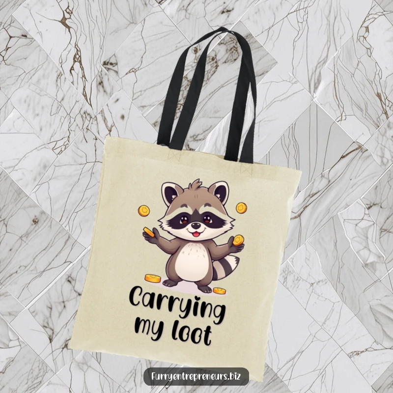 Funny tote bag featuring a playful raccoon character juggling coins, perfect for carrying essentials with a humorous and mischievous vibe.