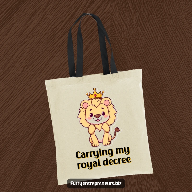 Funny proud lion with a crown receiving applause, a humorous tote bag for triumphant outings and funny gifts.