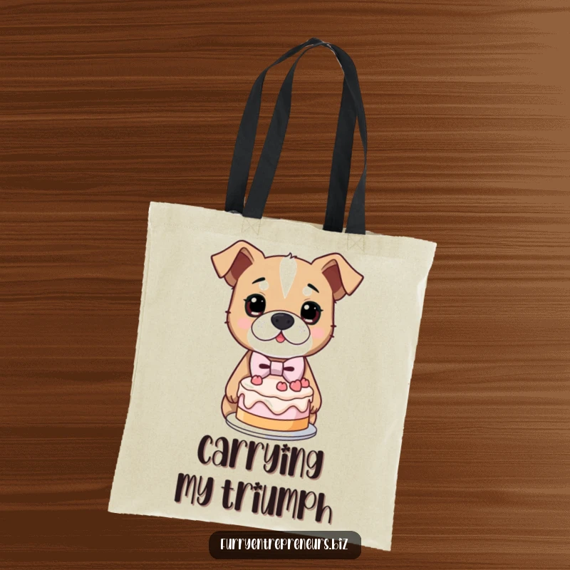 Funny tote bag depicting a determined dog in a mini bowtie, proudly presenting a lopsided cake, ready for any outing.