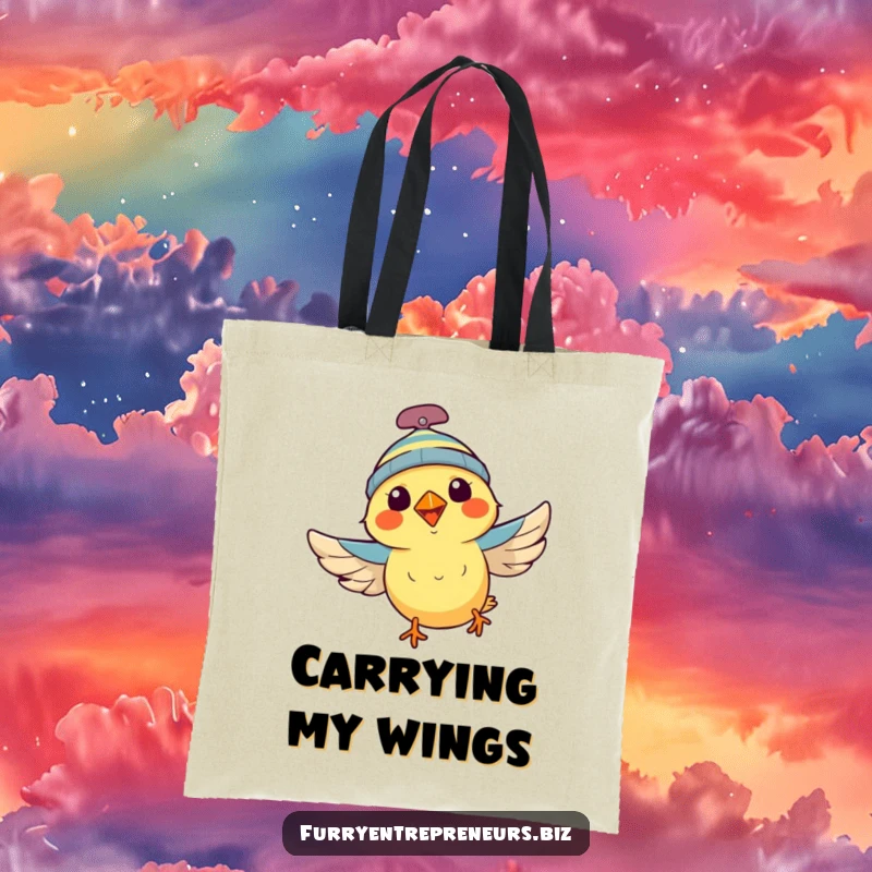 Funny bird with a propeller beanie, flying joyfully, on a durable tote bag, perfect for carrying adventure gear, a fun funny gift.