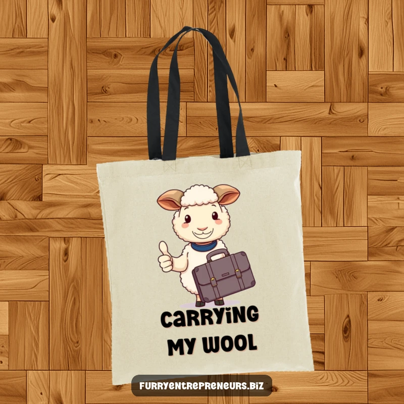 Funny sheep tote bag, with a briefcase, calmly giving a thumbs up sign of approval.