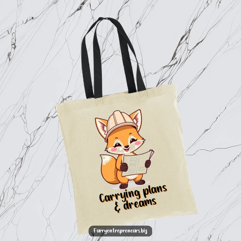 Funny tote bag featuring a smiling fox wearing a hard hat and holding a blueprint, ready for work or errands.