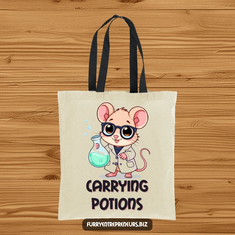 Funny scientist mouse tote bag, wearing a lab coat and holding a bubbling beaker, perfect for carrying science supplies.
