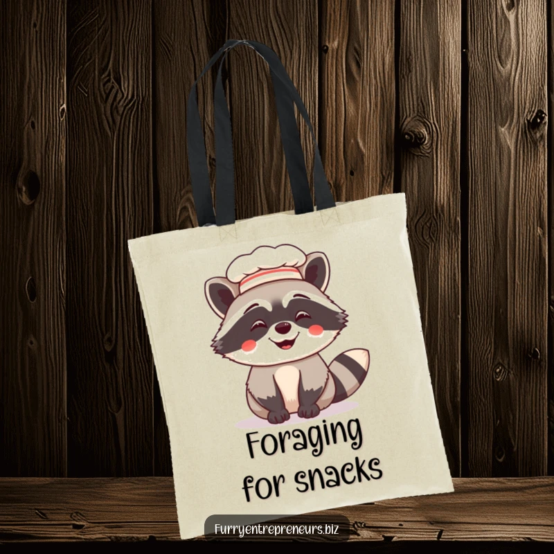 Funny tote bag featuring a giggling raccoon wearing a chef hat, a whimsical and humorous accessory for carrying items with kitchen flair.