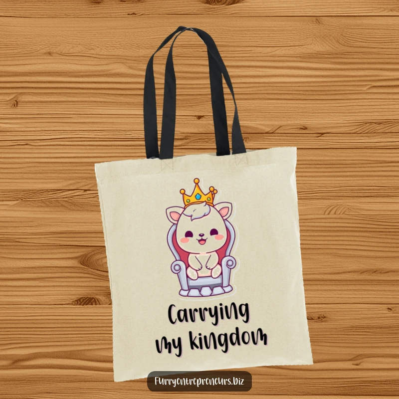 Funny tote bag with a smiling animal character wearing a crown, seated on a tiny throne, radiating royal charm.