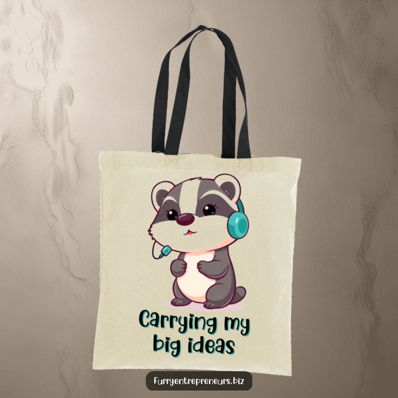 Funny badger tote bag with a focused badger wearing a headset, presenting important information, ideal for carrying work items.
