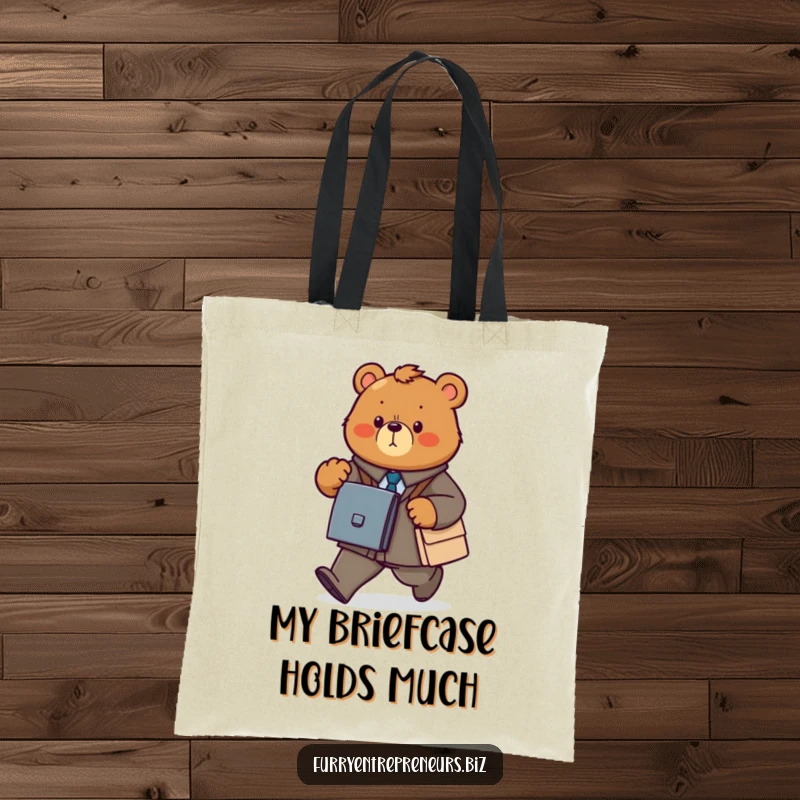 Funny bear tote bag with a determined animal power walking with a briefcase, ready for work.