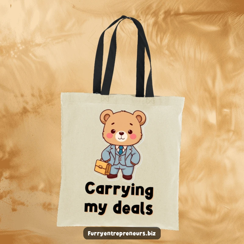 Cute bear in a tiny suit holding a briefcase on a durable tote bag, conveying professional yet funny business vibes.