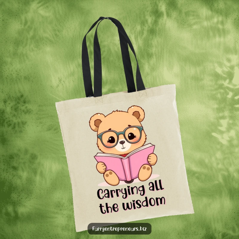 Funny tote bag featuring a bear in small glasses reading a big book, ideal for carrying books.
