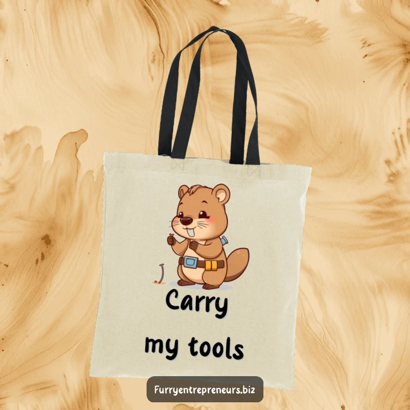 Funny tote bag with a cute beaver character wearing a tool belt, examining a tiny nail, ready for construction.