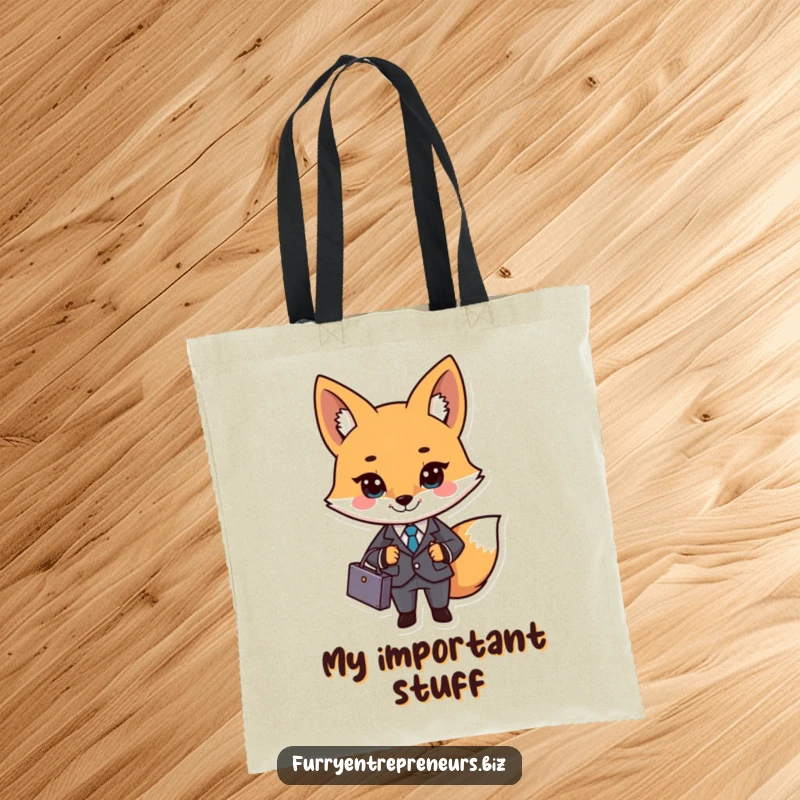 Funny business fox character in a suit and briefcase on a tote bag, perfect for carrying essentials with professional flair.
