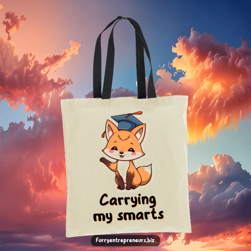 Funny fox tote bag with a graduation cap tossed in the air, ready for carrying essentials with pride.