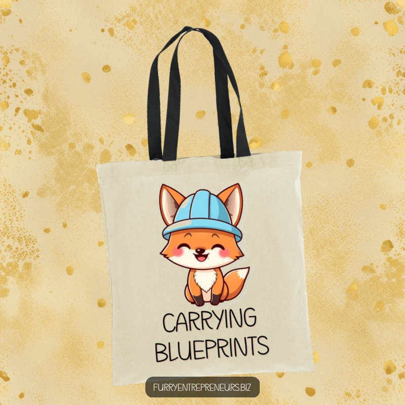 Funny tote bag featuring a smiling fox wearing a tiny hard hat, perfect for carrying essentials with construction-themed humor.