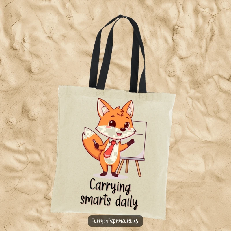 Funny fox tote bag, in a tie, pointing enthusiastically at a whiteboard with a bold arrow.