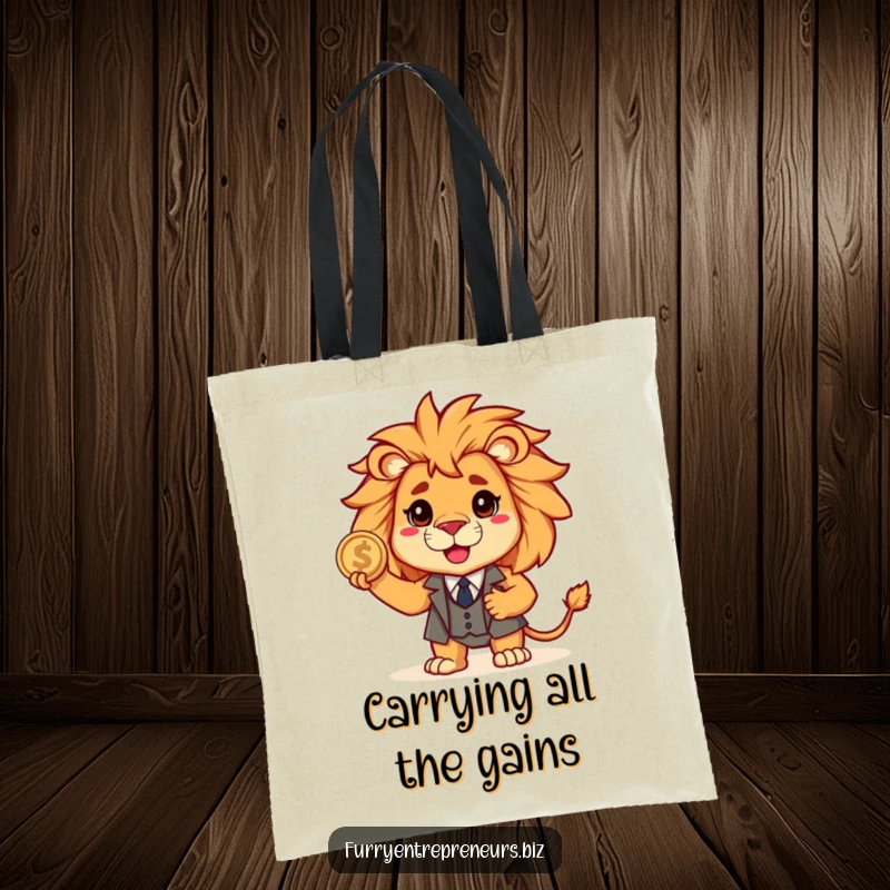 Funny lion dressed in a tiny business suit, holding a shiny coin, symbolizing financial prowess on this durable and humorous tote bag.