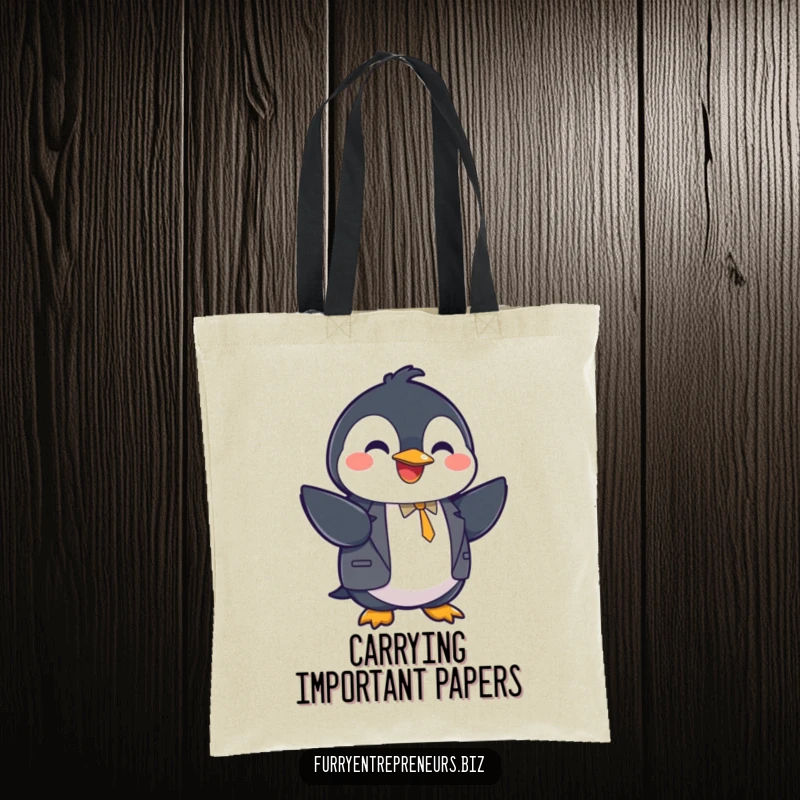 Funny penguin character in a suit shaking hands on a tote bag, business accessory, professional and amusing, perfect funny gift.