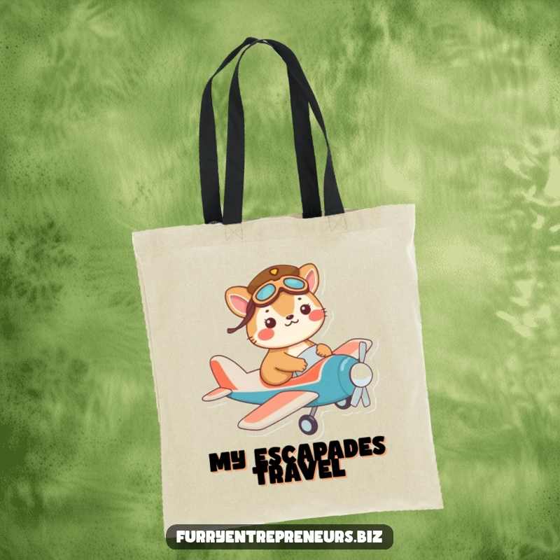 Funny pilot animal tote bag featuring a mischievous character in a tiny pilot hat, flying a toy plane.