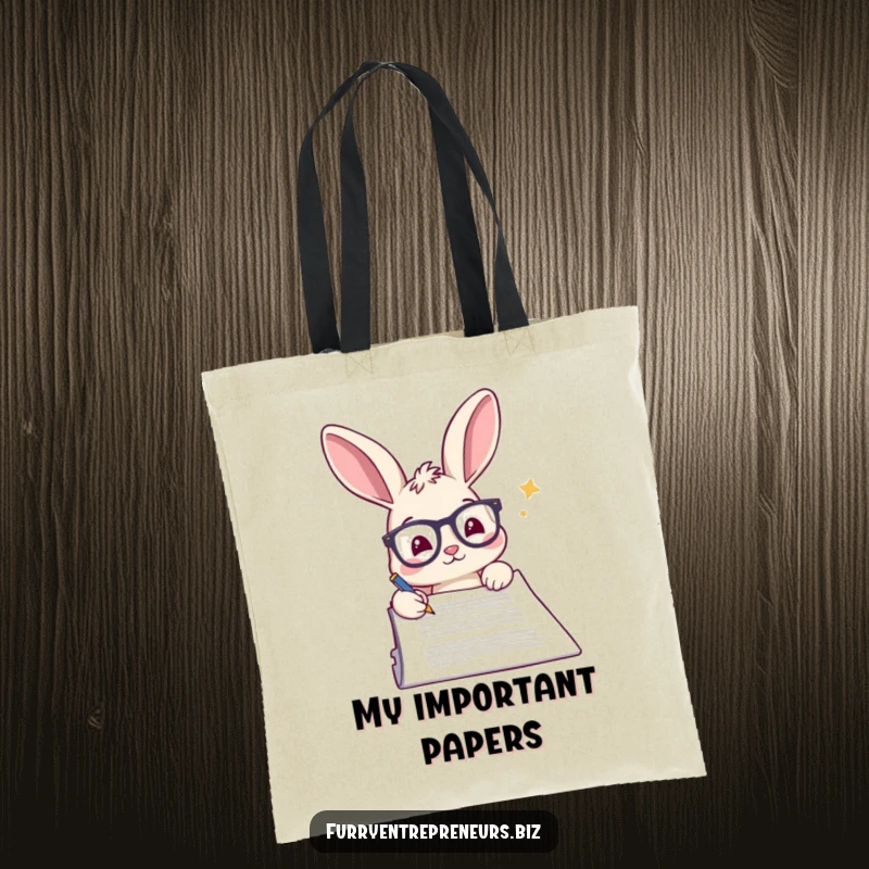 Funny rabbit tote bag, wearing glasses, signing a very large legal document with a pen.