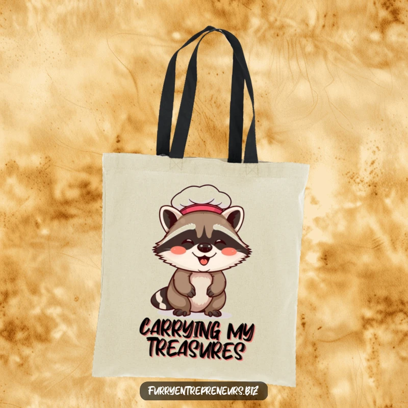 Funny raccoon chef tote bag with a giggling raccoon in a chef hat, ideal for carrying groceries and adding humor to tasks.