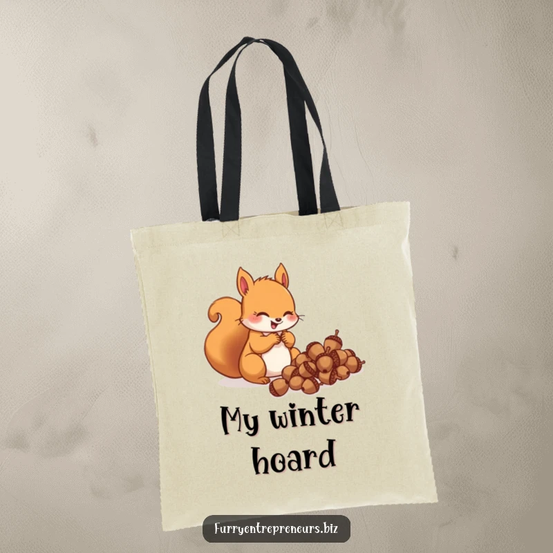 Funny squirrel character gleefully counting acorns on a tote bag, ideal for carrying treasures with hoarding-themed humor.
