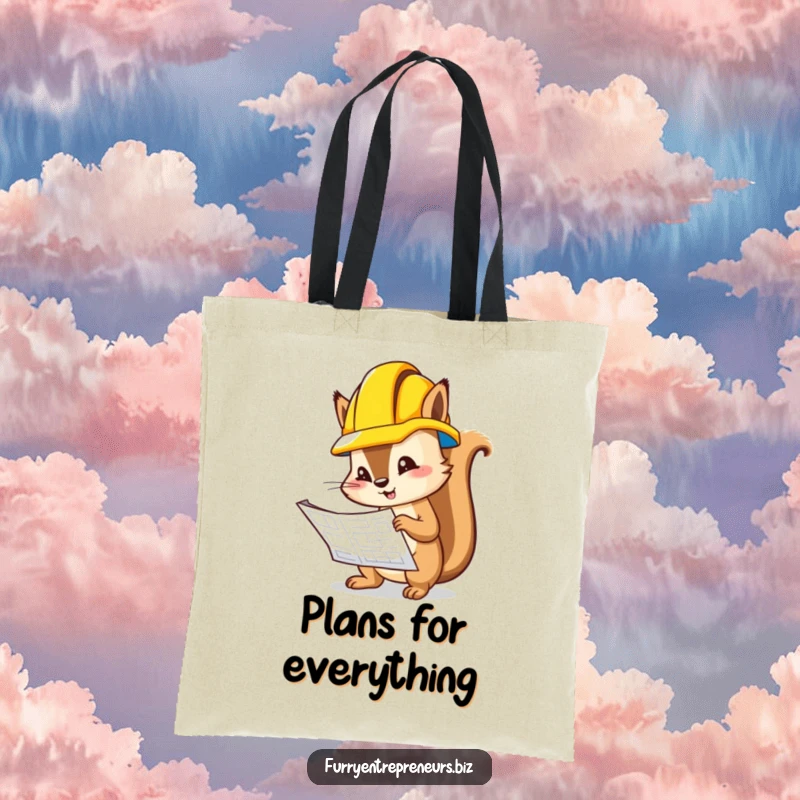 Funny squirrel in a hard hat closely examining a blueprint, ideal for carrying supplies humorously.