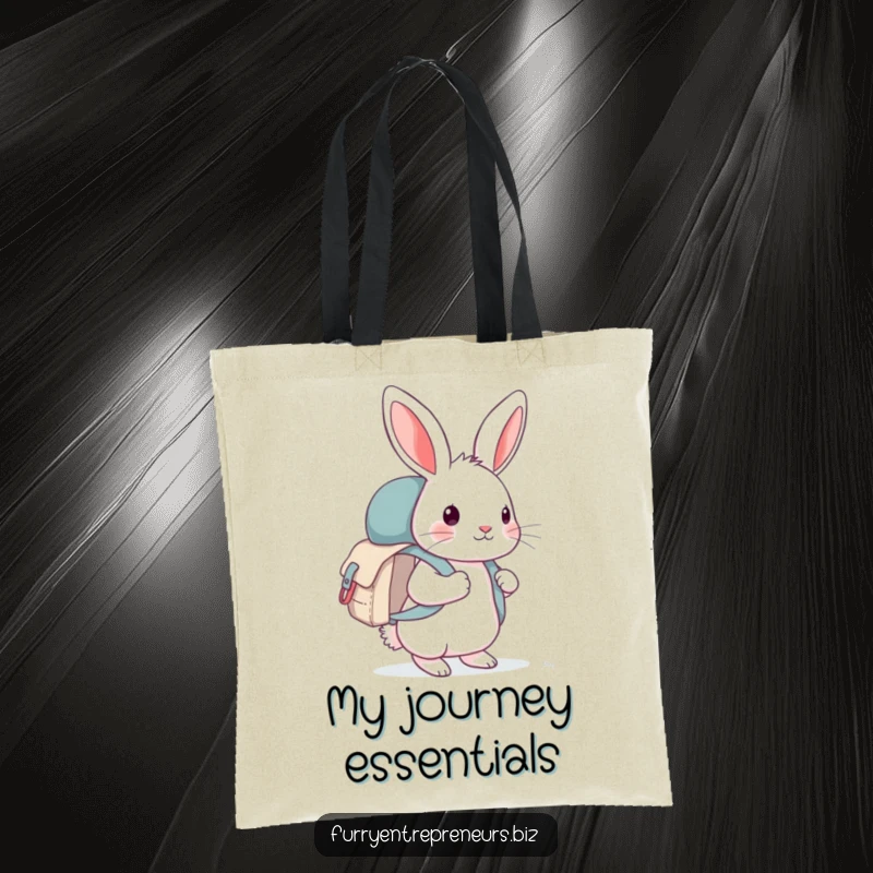Funny rabbit carrying a tiny backpack on a tote bag, a charming and practical accessory for everyday adventures, great funny gift.