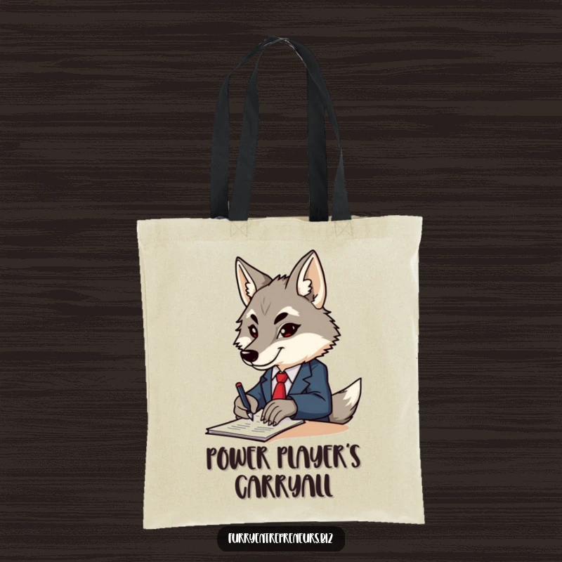 Funny wolf in a small business suit, holding a briefcase while signing documents, showcasing a determined and professional vibe on a tote bag.