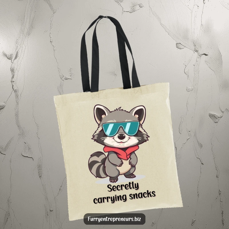 Funny raccoon character sneaking in spy disguise on a tote bag, secret agent accessory, discreet and amusing, perfect funny gift.