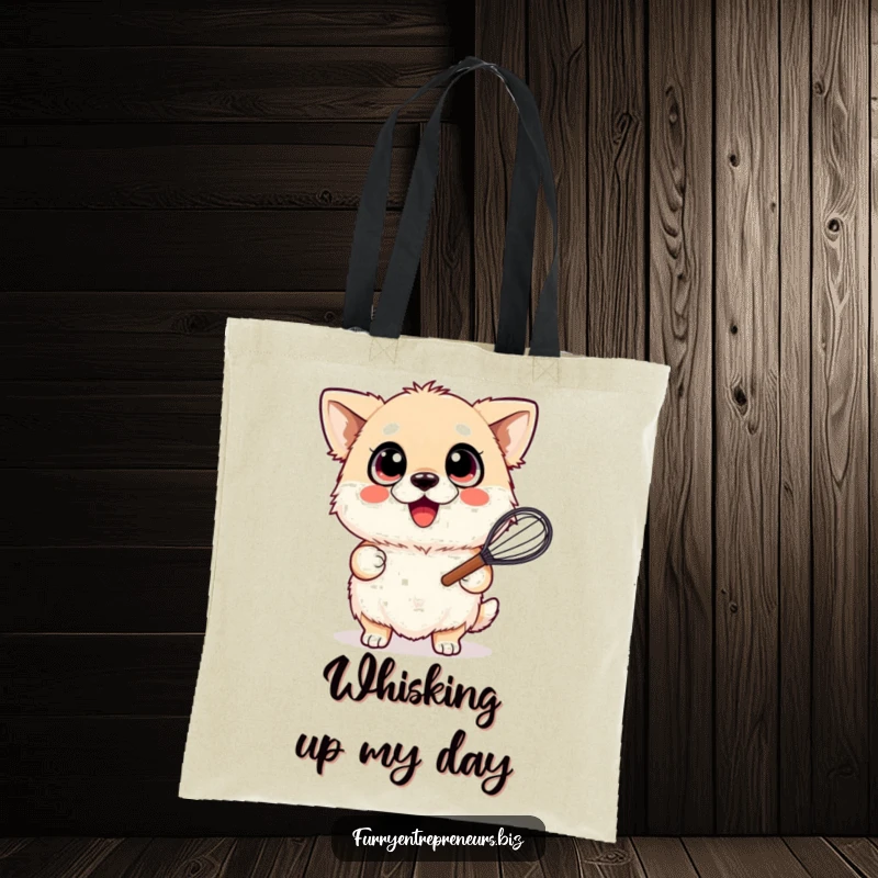 Funny tote bag depicting a fluffy dog with wide, happy eyes, holding a whisk, ready for any kitchen adventure.
